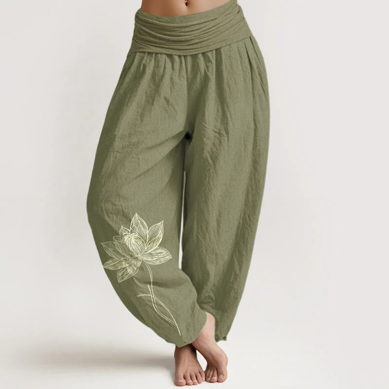 Buddha Stones Pantaloni harem da donna in puro cotone con elastico in vita e motivo a fiori di loto - Image 15
