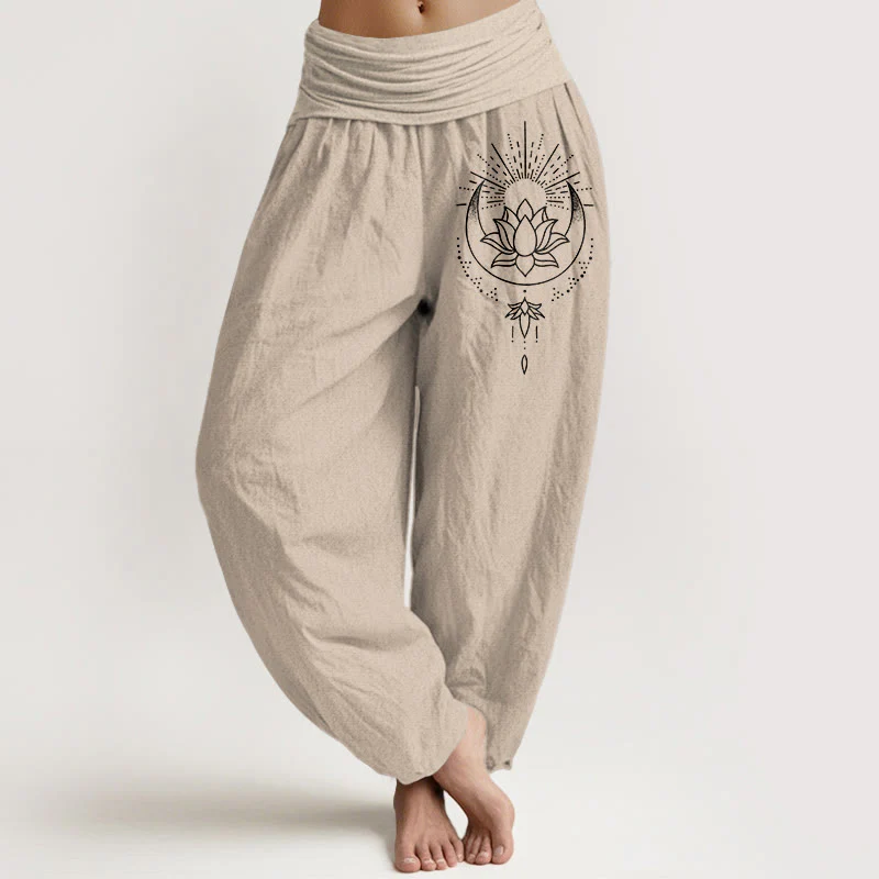 Buddha Stones Pantaloni harem da donna in puro cotone con elastico in vita e motivo a fiori di loto - Image 12