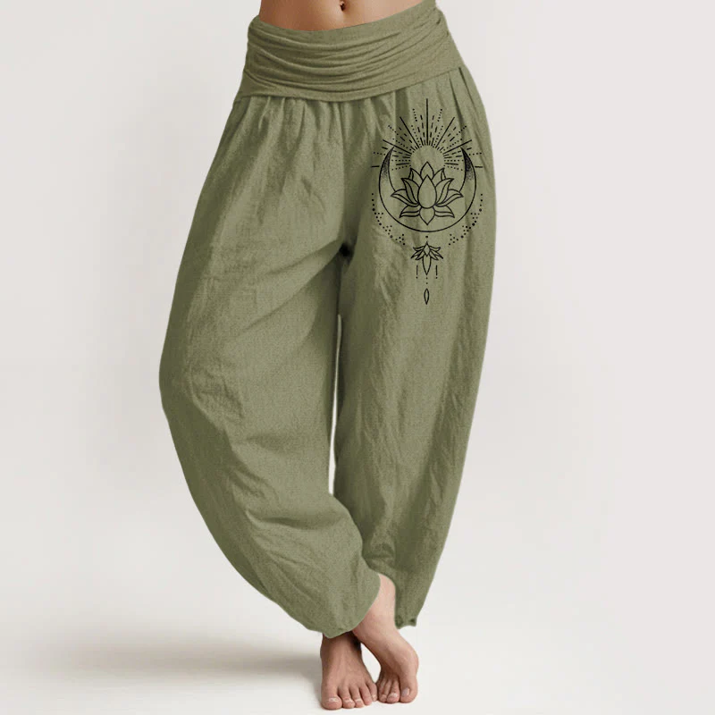 Buddha Stones Pantaloni harem da donna in puro cotone con elastico in vita e motivo a fiori di loto - Image 15