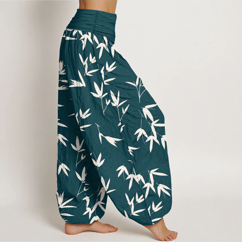 Buddha Stones Pantaloni harem da donna in puro cotone con elastico in vita e motivo a foglie di bambù, semplici ed eleganti - Image 3