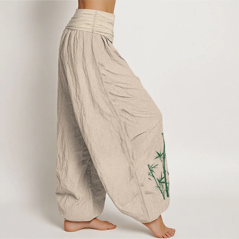 Buddha Stones Pantaloni harem da donna in puro cotone con elastico in vita e motivo a gru e bambù - Image 3