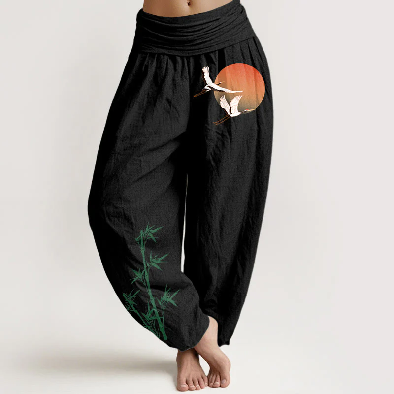 Buddha Stones Pantaloni harem da donna in puro cotone con elastico in vita e motivo a gru e bambù - Image 6