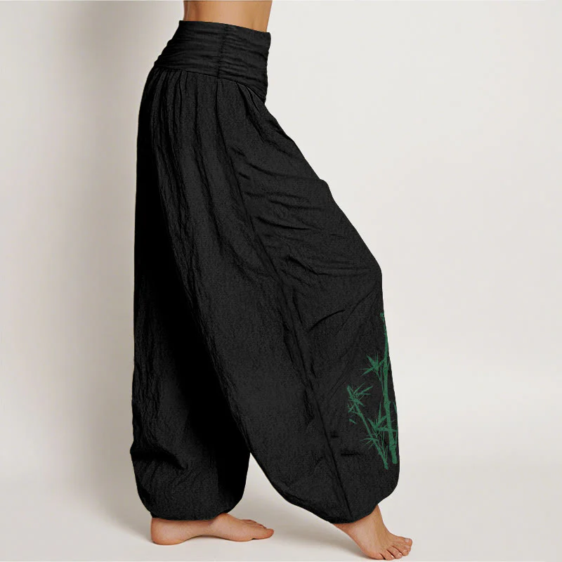 Buddha Stones Pantaloni harem da donna in puro cotone con elastico in vita e motivo a gru e bambù - Image 8