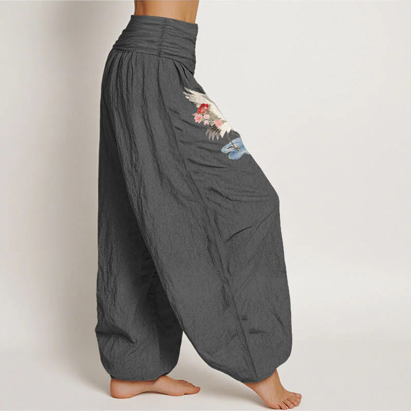 Buddha Stones Pantaloni harem da donna in puro cotone con elastico in vita e motivo a gru, fiori e nuvole - Image 11