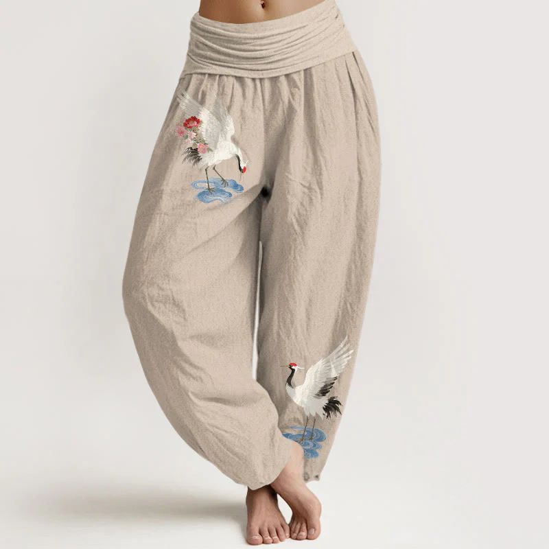 Buddha Stones Pantaloni harem da donna in puro cotone con elastico in vita e motivo a gru, fiori e nuvole - Image 12