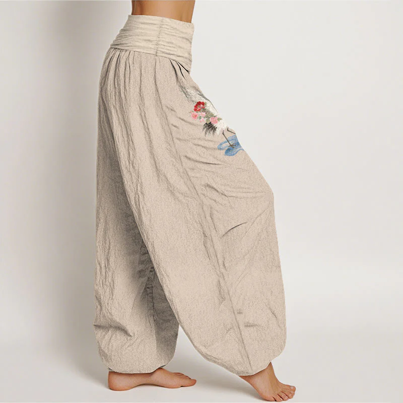 Buddha Stones Pantaloni harem da donna in puro cotone con elastico in vita e motivo a gru, fiori e nuvole - Image 14