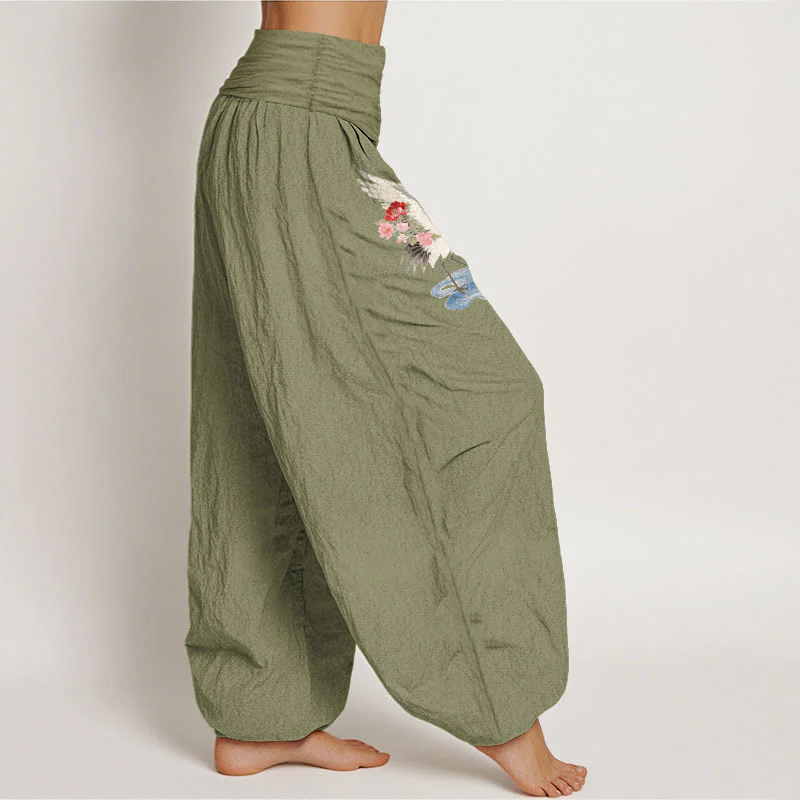 Buddha Stones Pantaloni harem da donna in puro cotone con elastico in vita e motivo a gru, fiori e nuvole - Image 17