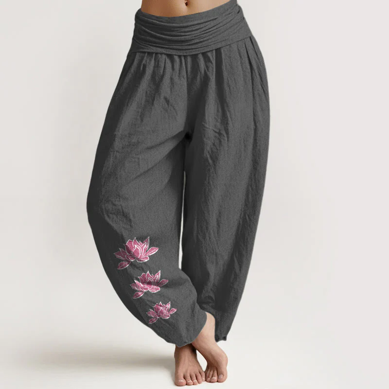 Buddha Stones Pantaloni harem da donna in puro cotone con elastico in vita e motivo a loto casual