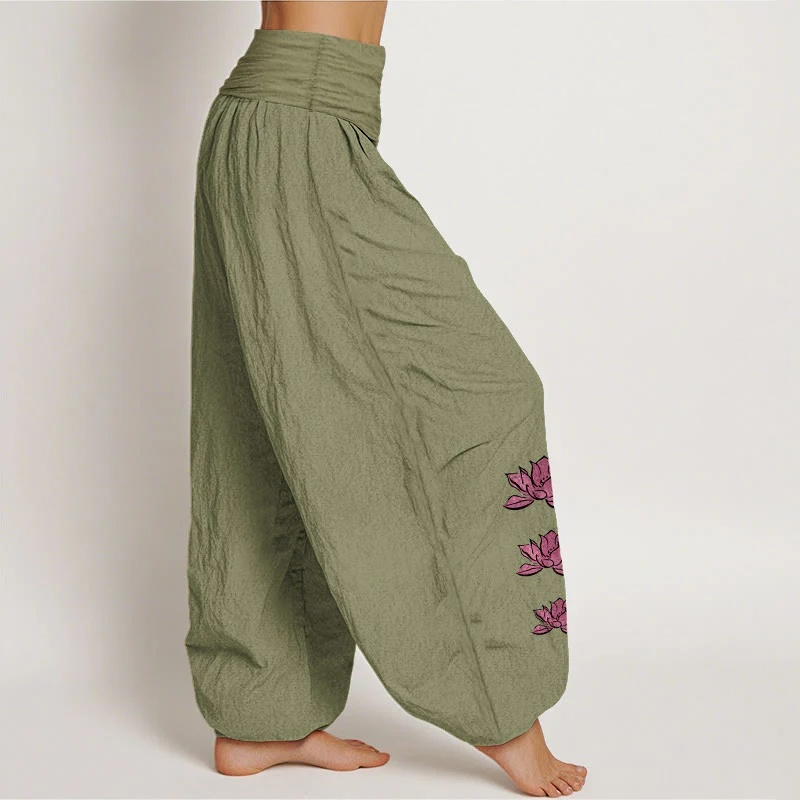 Buddha Stones Pantaloni harem da donna in puro cotone con elastico in vita e motivo a loto casual - Image 11