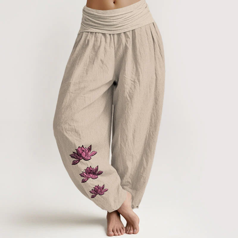 Buddha Stones Pantaloni harem da donna in puro cotone con elastico in vita e motivo a loto casual - Image 6