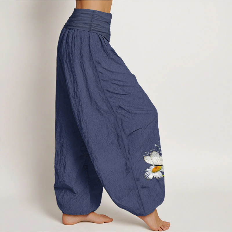 Buddha Stones Pantaloni harem da donna in puro cotone con elastico in vita e motivo a margherite, farfalle e libellule - Image 11