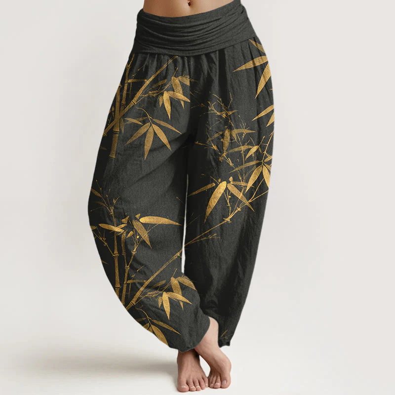 Buddha Stones Pantaloni harem da donna in puro cotone con elastico in vita e motivo classico in bambù - Image 9