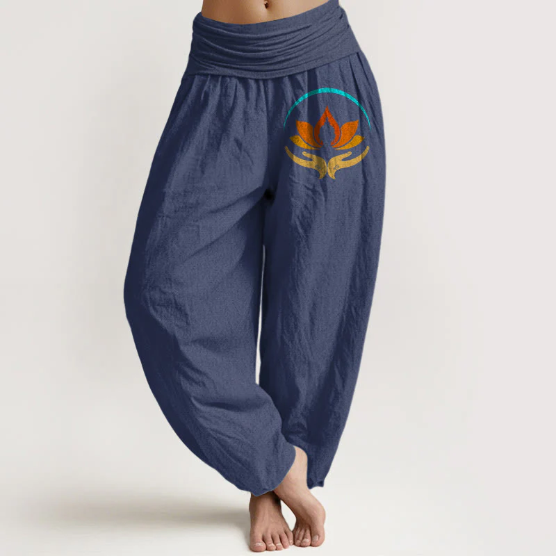 Buddha Stones Pantaloni harem da donna in puro cotone con elastico in vita e motivo con simbolo del Buddha e del loto - Image 6
