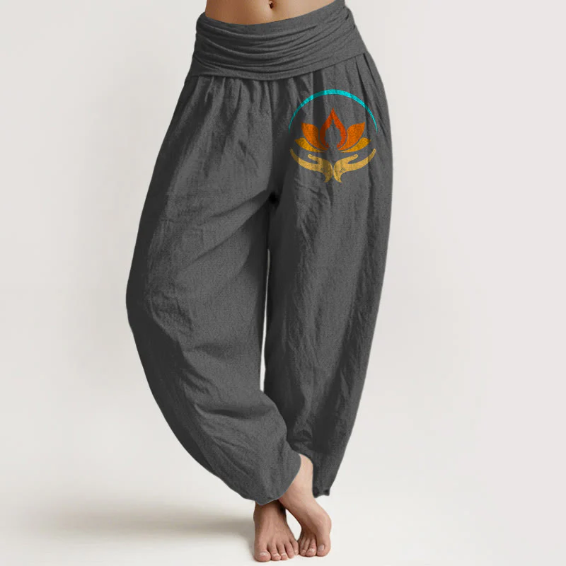 Buddha Stones Pantaloni harem da donna in puro cotone con elastico in vita e motivo con simbolo del Buddha e del loto - Image 9