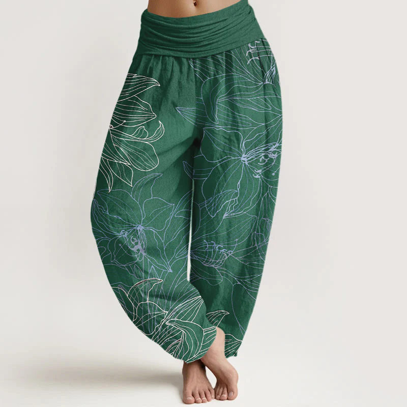 Buddha Stones Pantaloni harem da donna in puro cotone con elastico in vita e motivo floreale in stile minimalista