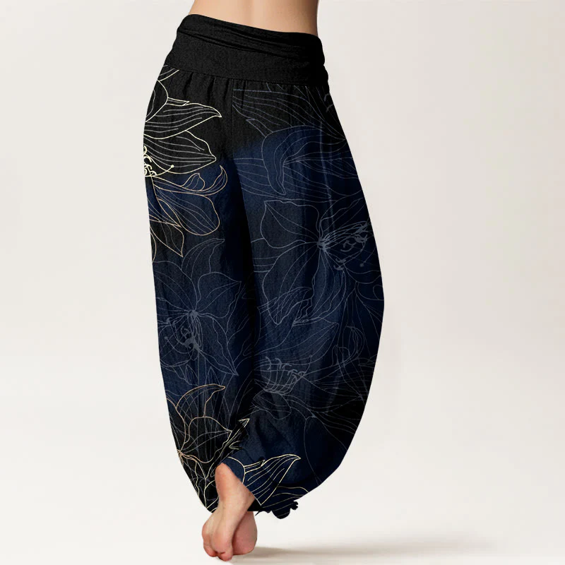 Buddha Stones Pantaloni harem da donna in puro cotone con elastico in vita e motivo floreale in stile minimalista - Image 10