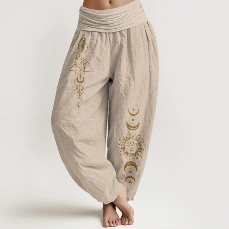 Buddha Stones Pantaloni harem da donna in puro cotone con elastico in vita e motivo geometrico con sole e luna - Image 12