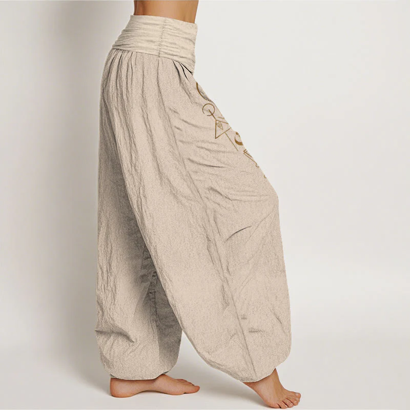 Buddha Stones Pantaloni harem da donna in puro cotone con elastico in vita e motivo geometrico con sole e luna - Image 14