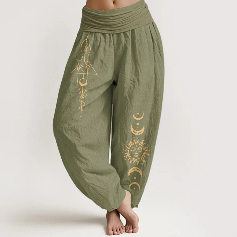 Buddha Stones Pantaloni harem da donna in puro cotone con elastico in vita e motivo geometrico con sole e luna - Image 15