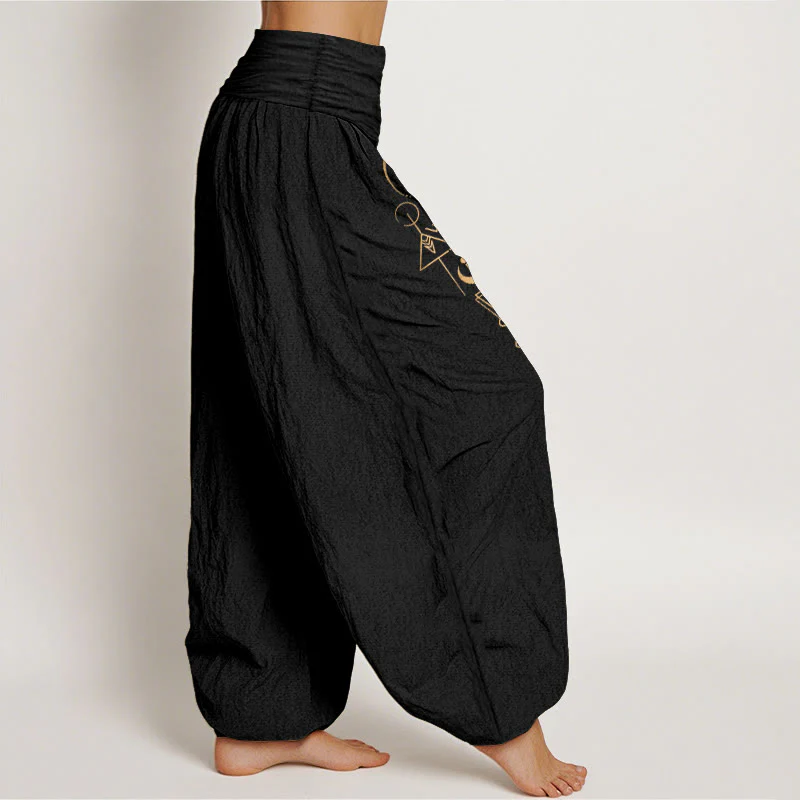 Buddha Stones Pantaloni harem da donna in puro cotone con elastico in vita e motivo geometrico con sole e luna - Image 3