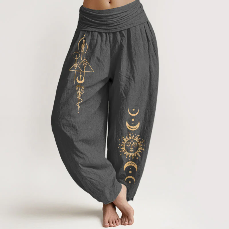 Buddha Stones Pantaloni harem da donna in puro cotone con elastico in vita e motivo geometrico con sole e luna - Image 9