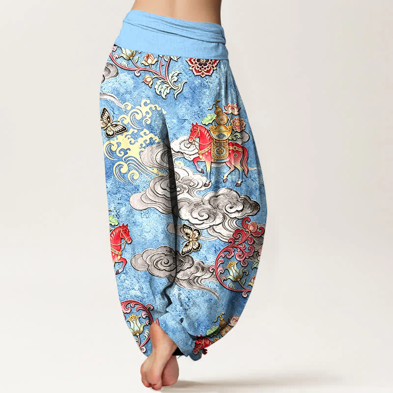 Buddha Stones Pantaloni harem da donna in puro cotone con elastico in vita e motivo "Nuvole di buon auspicio, cavalli e fiori". - Image 2