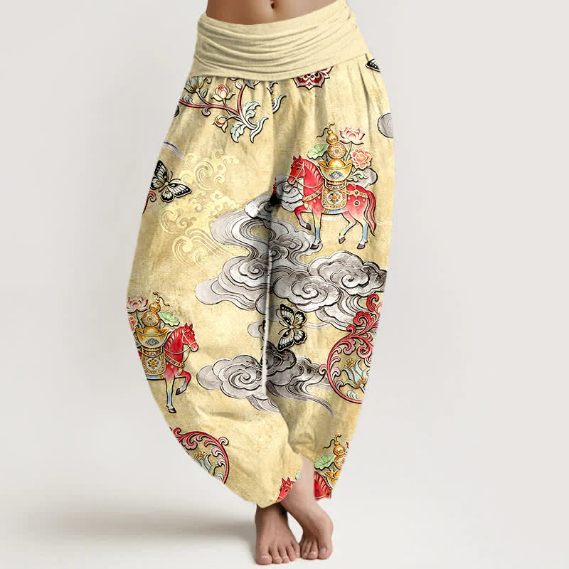 Buddha Stones Pantaloni harem da donna in puro cotone con elastico in vita e motivo "Nuvole di buon auspicio, cavalli e fiori". - Image 6
