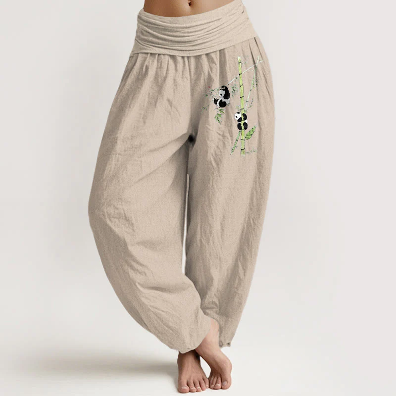 Buddha Stones Pantaloni harem da donna in puro cotone con elastico in vita e motivo panda e bambù, stile semplice - Image 12