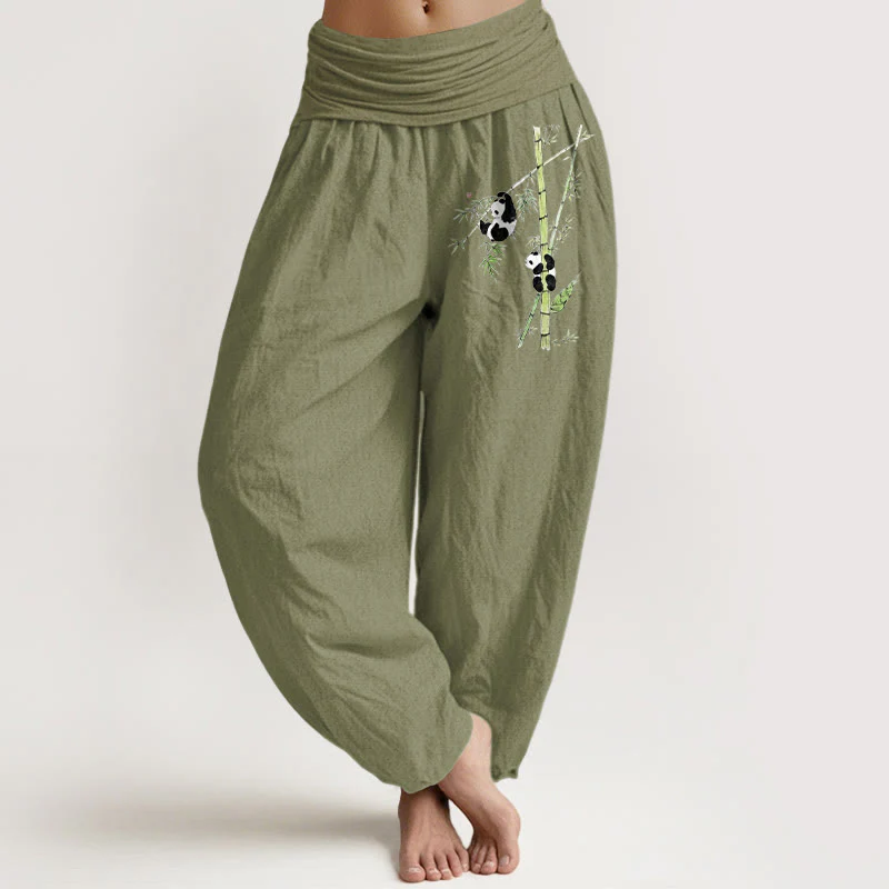 Buddha Stones Pantaloni harem da donna in puro cotone con elastico in vita e motivo panda e bambù, stile semplice - Image 15