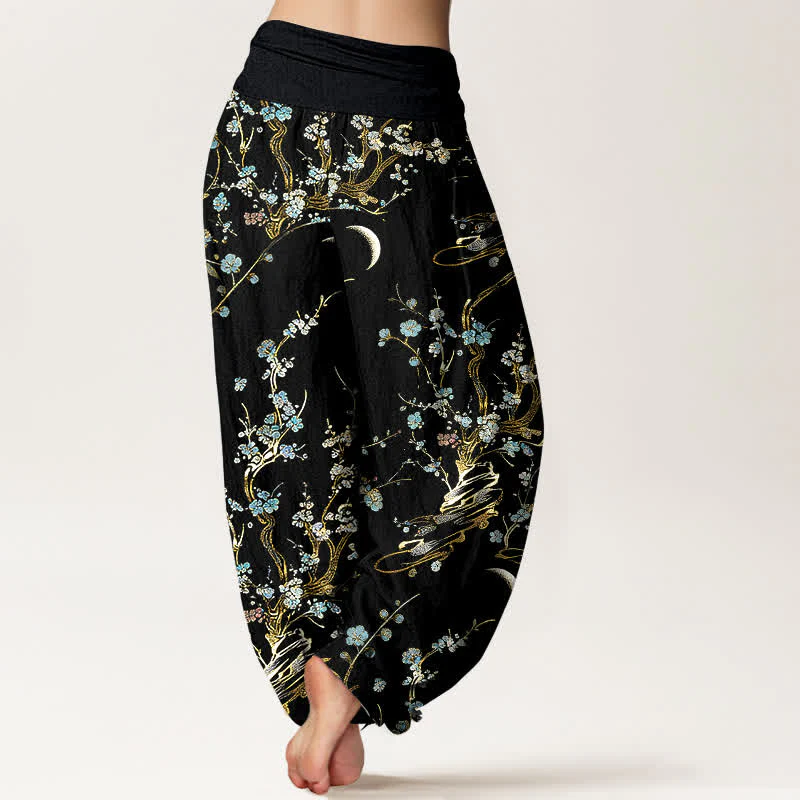 Buddha Stones Pantaloni harem da donna in puro cotone con elastico in vita e stampa di rami di pruno in fiore. - Image 2