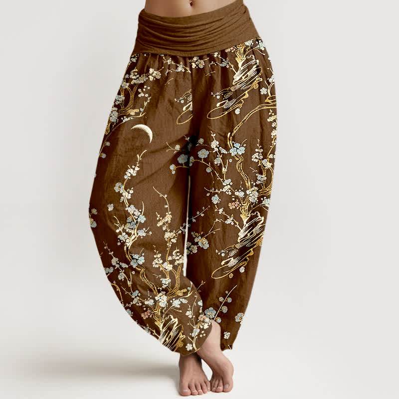 Buddha Stones Pantaloni harem da donna in puro cotone con elastico in vita e stampa di rami di pruno in fiore. - Image 6