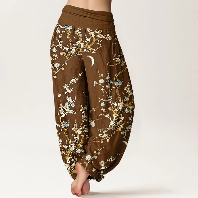 Buddha Stones Pantaloni harem da donna in puro cotone con elastico in vita e stampa di rami di pruno in fiore. - Image 7