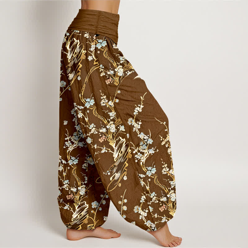 Buddha Stones Pantaloni harem da donna in puro cotone con elastico in vita e stampa di rami di pruno in fiore. - Image 8