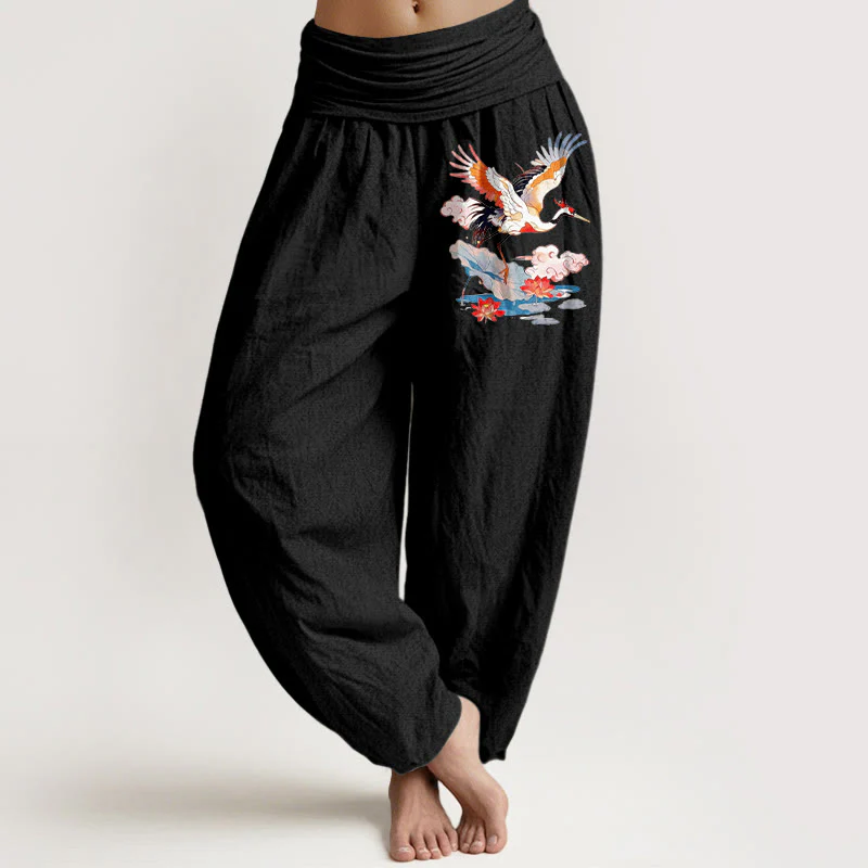 Buddha Stones Pantaloni harem da donna in puro cotone con elastico in vita, motivo a gru, foglia di loto, fiore e nuvola