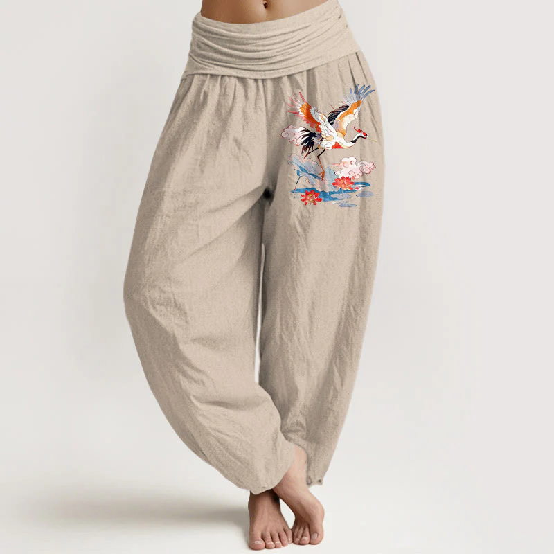 Buddha Stones Pantaloni harem da donna in puro cotone con elastico in vita, motivo a gru, foglia di loto, fiore e nuvola - Image 12