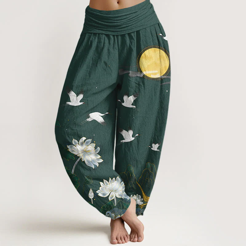 Buddha Stones Pantaloni harem da donna in puro cotone con elastico in vita, motivo: gru, loto in fiore, luna e montagna - Image 6
