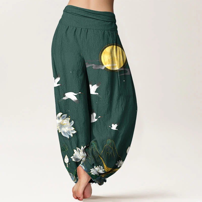 Buddha Stones Pantaloni harem da donna in puro cotone con elastico in vita, motivo: gru, loto in fiore, luna e montagna - Image 7