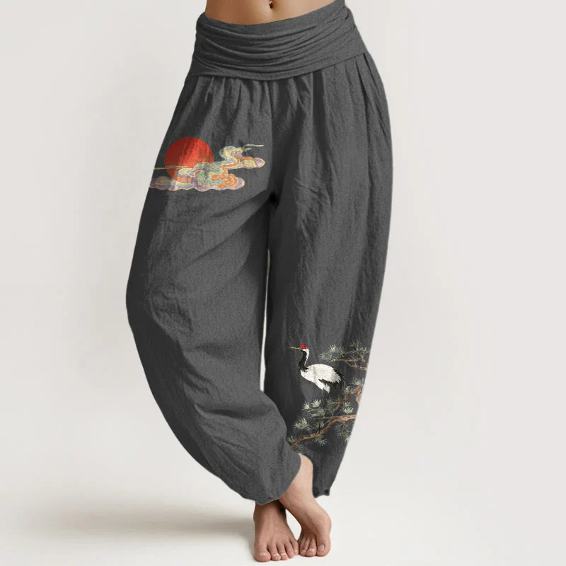 Buddha Stones Pantaloni harem da donna in puro cotone con elastico in vita, motivo sole, nuvola, gru e pino - Image 12