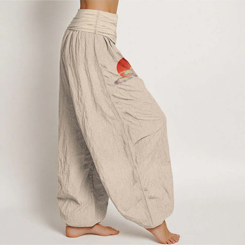 Buddha Stones Pantaloni harem da donna in puro cotone con elastico in vita, motivo sole, nuvola, gru e pino - Image 3
