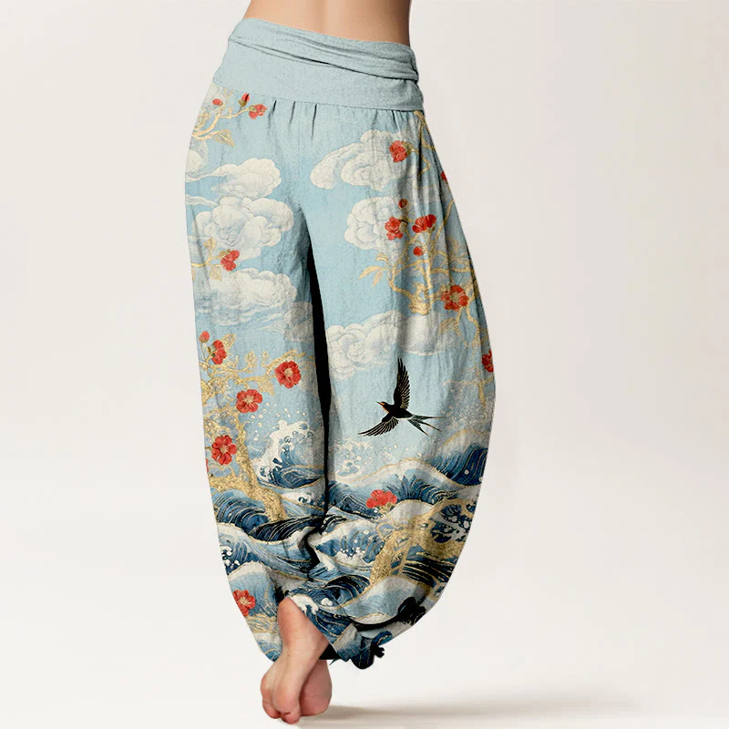 Buddha Stones Pantaloni harem da donna in puro cotone con elastico in vita, nuvole di buon auspicio, fiori rossi, rondini e onde dell'oceano - Image 10