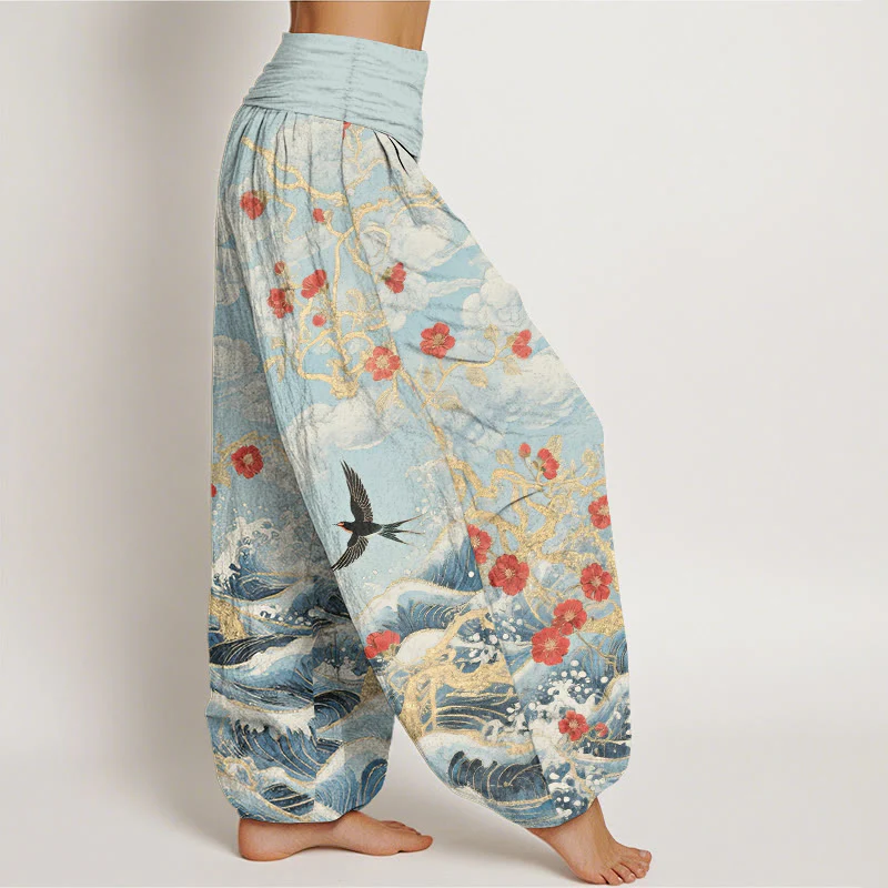 Buddha Stones Pantaloni harem da donna in puro cotone con elastico in vita, nuvole di buon auspicio, fiori rossi, rondini e onde dell'oceano - Image 11