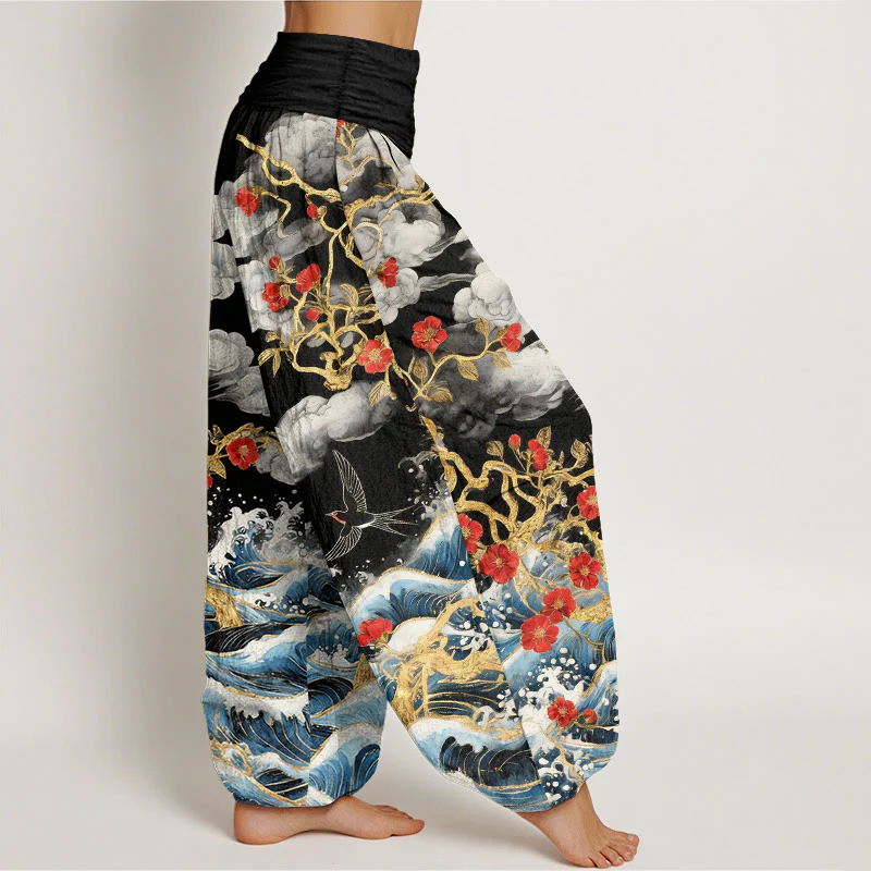 Buddha Stones Pantaloni harem da donna in puro cotone con elastico in vita, nuvole di buon auspicio, fiori rossi, rondini e onde dell'oceano - Image 8