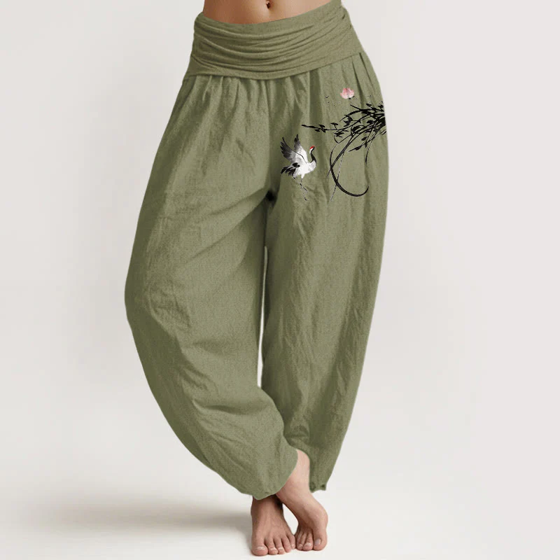 Buddha Stones Pantaloni harem da donna in puro cotone con elastico in vita, stile minimalista, motivo a foglie di loto e gru - Image 15