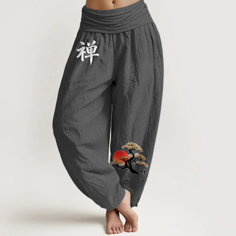 Buddha Stones Pantaloni harem da donna in puro cotone con elastico in vita, stile semplice, motivo con caratteri cinesi e pino del sole - Image 12