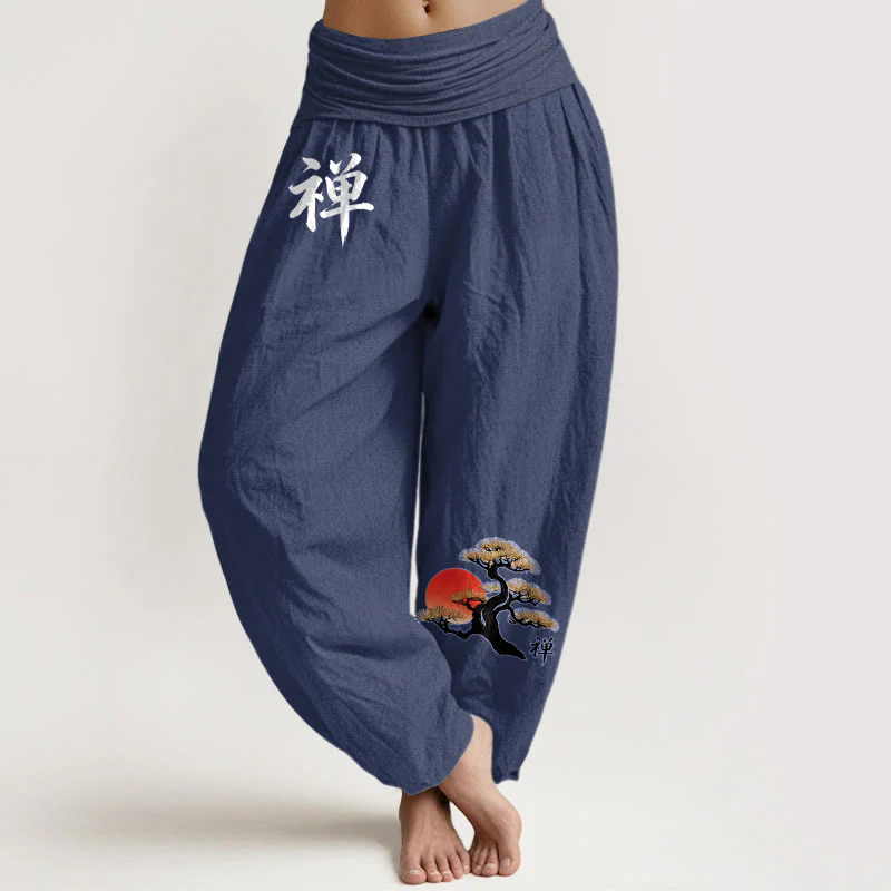 Buddha Stones Pantaloni harem da donna in puro cotone con elastico in vita, stile semplice, motivo con caratteri cinesi e pino del sole - Image 9