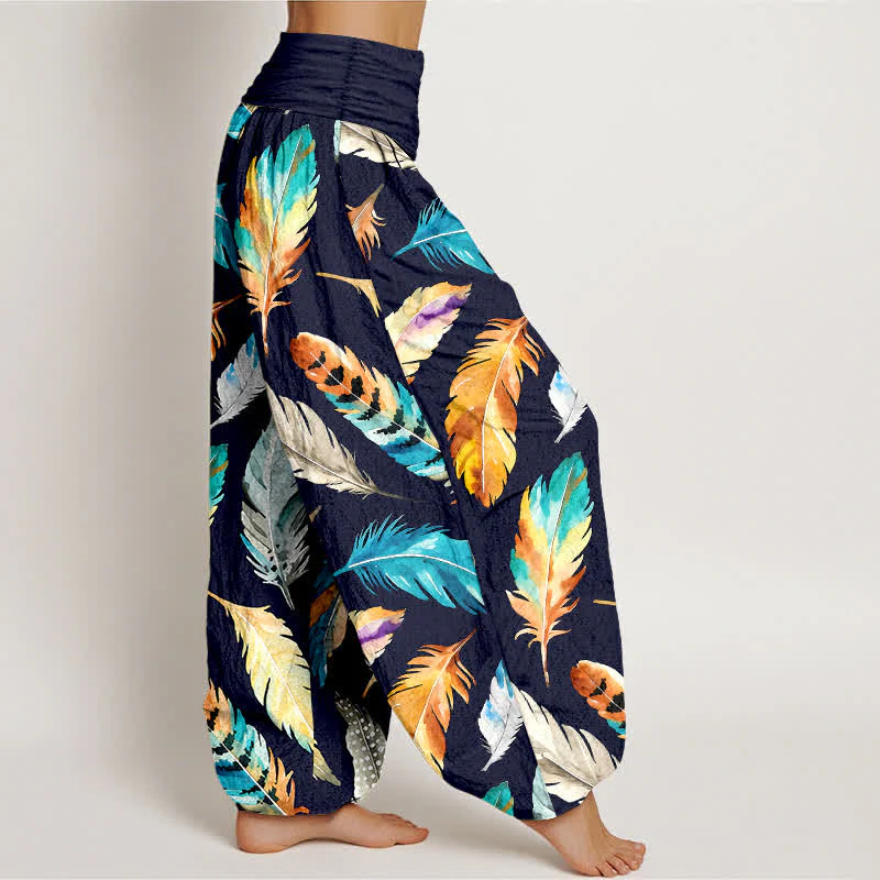 Buddha Stones Pantaloni harem da donna in puro cotone con fantasia a piume colorate e vita elasticizzata. - Image 3