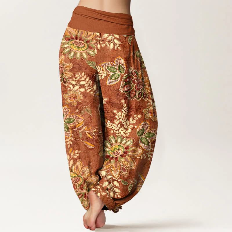 Buddha Stones Pantaloni harem da donna in puro cotone con fantasia floreale e foglie, elastico in vita. - Image 2