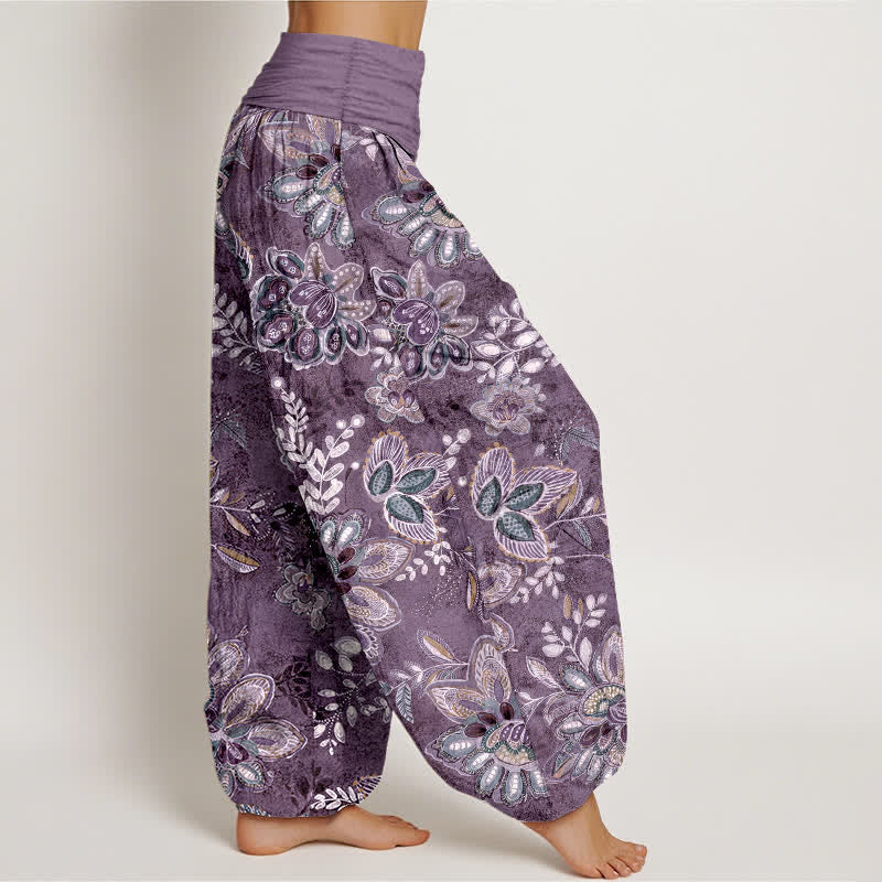 Buddha Stones Pantaloni harem da donna in puro cotone con fantasia floreale e foglie, elastico in vita. - Image 8