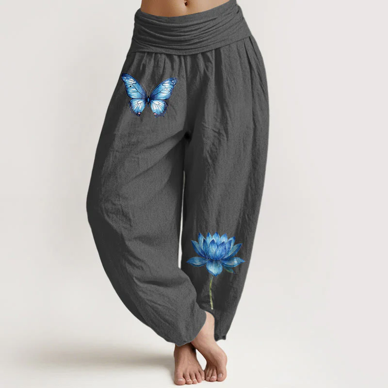 Buddha Stones Pantaloni harem da donna in puro cotone con motivo a farfalla e loto - Image 9