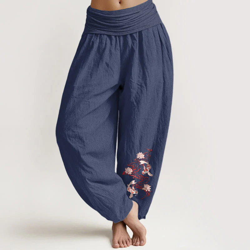 Buddha Stones Pantaloni harem da donna in puro cotone con motivo a fiori di loto e carpe koi - Image 6